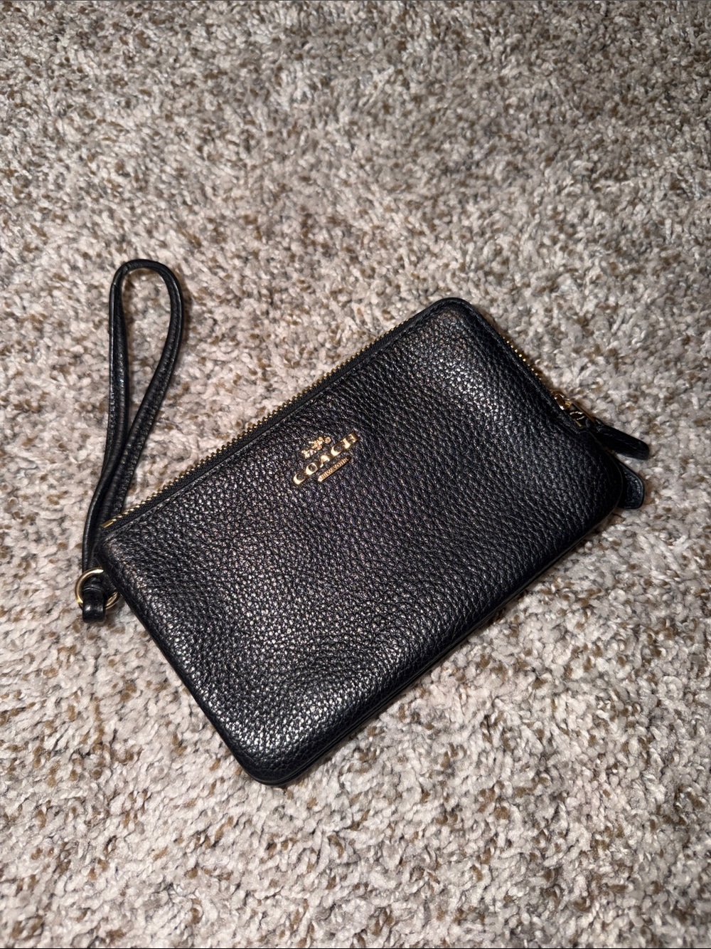 Coach Black Pebbled Leather Double Zipper Wristlet Wallet